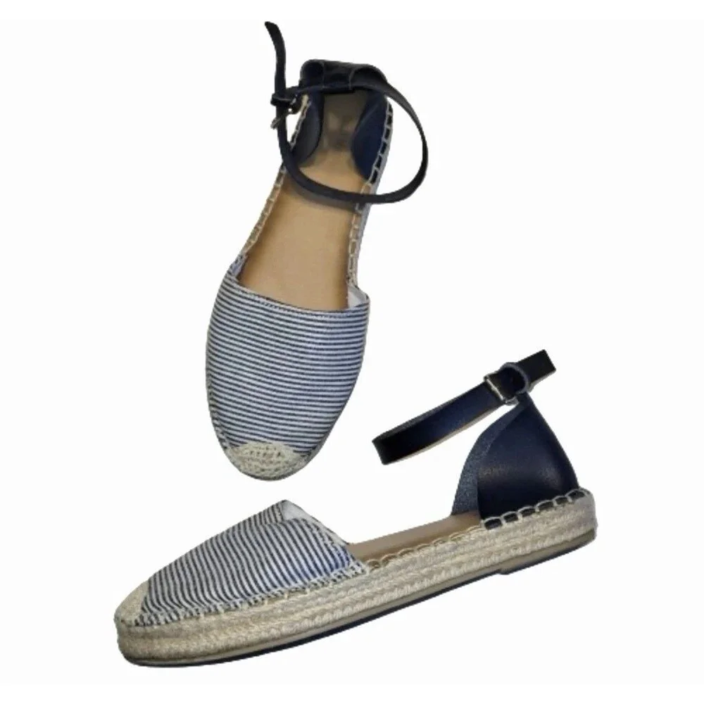 OLD NAVY  Navy, Chambray/White Stripe/Jute Ankle Strap Espadrilles - Sz 10 -NWOT